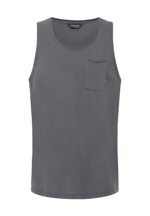 Sivá bavlnená tielko s okrúhlym výstrihom a vreckom na hrudi. Má jednoduchý dizajn, rovný lem a jemné švy.