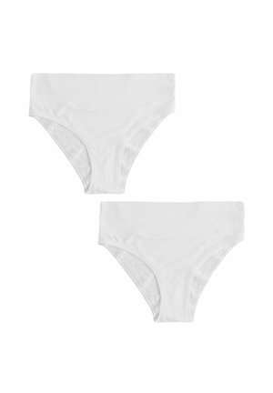 Baltās kokvilnas biksītes ar mežģīņu apmalēm sānos, gluda jostas vieta un klasiskā bikini griezuma. Komplektā divas pāra.