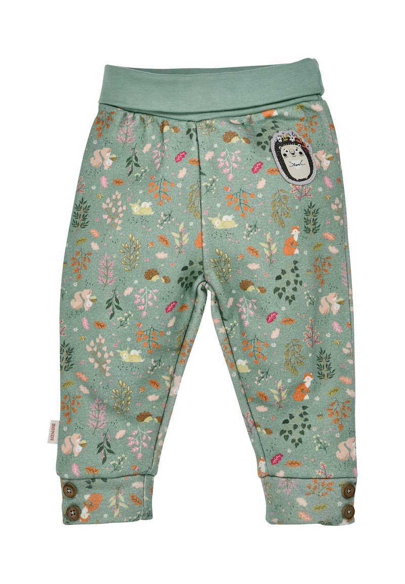 Grüne Baumwollhosen mit einem Blumen- und Tiermuster. Sie verfügen über einen breiten Bund, umgeschlagene Säume und zwei Knöpfe am Knöchel.
