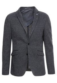 Blazer da uomo grigio scuro testurizzato con revers a notched, due tasche anteriori a patta, due bottoni neri e una tasca sul petto.