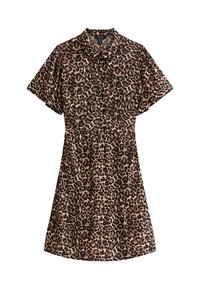 Abito con stampa leopardata realizzato in tessuto leggero. Presenta un colletto, maniche corte e una vita arricciata. Colori marrone e nero.