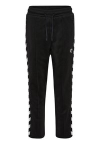 Zwarte fleece joggingbroek met een verstelbare taille, twee ritszakken aan de zijkanten en gestreepte witte accenten langs de zijkanten. Zachte textuur en tapered fit.
