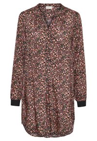 Floral blouse met lange mouwen in zwart, voorzien van roze en groene patronen, een V-halslijn, knopen aan de voorkant en geribde manchetten.