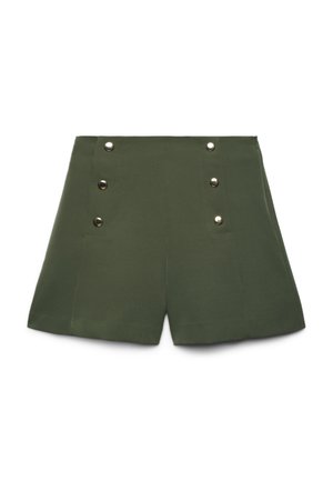 Olivegrüne Shorts mit hoher Taille, weitem Beinabschluss und zwei vertikalen Reihen mit jeweils drei silbernen Knöpfen auf der Vorderseite.