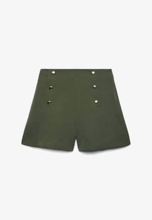 Pantaloncini verde oliva a vita alta con ampi orli delle gambe e due file verticali di tre bottoni d'argento sul davanti.