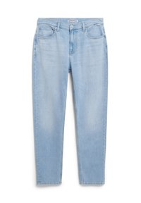 Jean en denim bleu clair avec une coupe droite, comportant cinq poches et une fermeture à bouton sur le devant. Texture lisse avec un léger délavage.