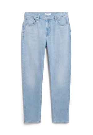 Jean en denim bleu clair avec une coupe droite, comportant cinq poches et une fermeture à bouton sur le devant. Texture lisse avec un léger délavage.