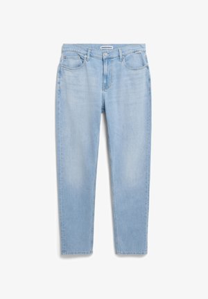 Jeans in denim azzurro chiaro con taglio dritto, dotati di cinque tasche e chiusura frontale con bottone. Texture liscia con una leggera scoloritura.