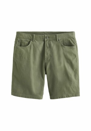 Grüne Baumwollshorts mit lockerer Passform, Knopfverschluss und seitlichen Taschen. Der Stoff hat eine weiche, glatte Textur und ein schlichtes Design.