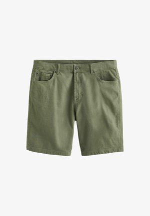 Shorts in cotone verde con vestibilità rilassata, chiusura a bottone e tasche laterali. Il tessuto ha una texture morbida e liscia, con un design semplice.