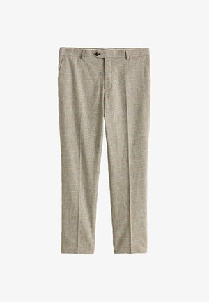 Beige karierte, maßgeschneiderte Hose mit Knopfverschluss, Gürtelschlaufen und Vordertaschen, flach auf weißem Hintergrund ausgebreitet.