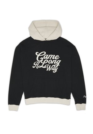 Zwarte hoodie met crèmekleurige accenten, met de tekst "Came A Long Way" in vetgedrukt, een kangaroezak en ribgebreide manchetten en zoom.