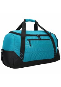 Turquoise and black duffle bag with dual zippers, reinforced handles, and textured fabric. Features bold branding and diagonal accents.