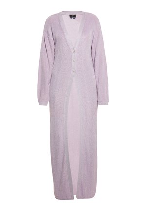 Lange, pastel lila cardigan met een diepe V-hals, lange mouwen, zilveren knoopsluiting en open voorkant. Ribbels en zijsplitten.