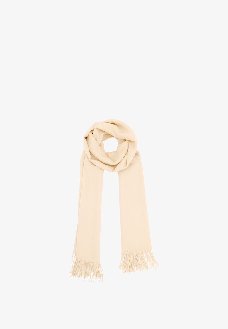 Sciarpa beige realizzata in morbido tessuto con estremità frangiate. Ha una forma rettangolare e una texture liscia, progettata per calore e comfort.