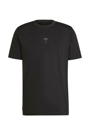 Sort bomulds T-shirt med rund hals, prydet med et lille gråt grafisk logo og tekst i midten, korte ærmer og en lige kant.