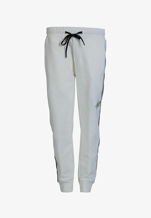 Witte joggingsbroek met een elastische tailleband en een zwarte trekkoord. Bevat zwarte zijstrepen en een klein logo op de linkerdij.