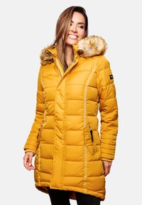 Yellow puffer coat with a detachable faux fur hood, zipper pockets, vertical stitching, and a hem that dips at the back.