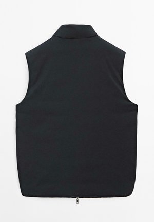 Gilet senza maniche nero con colletto alto e zip visibile in basso, mostrato da dietro su uno sfondo bianco.