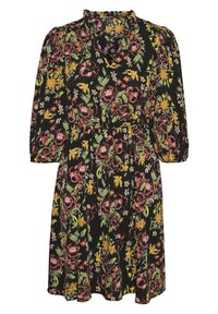 Robe florale noire avec des roses roses et des accents jaunes. Présente des manches bouffantes 3/4, un col volanté et une taille ceinturée.