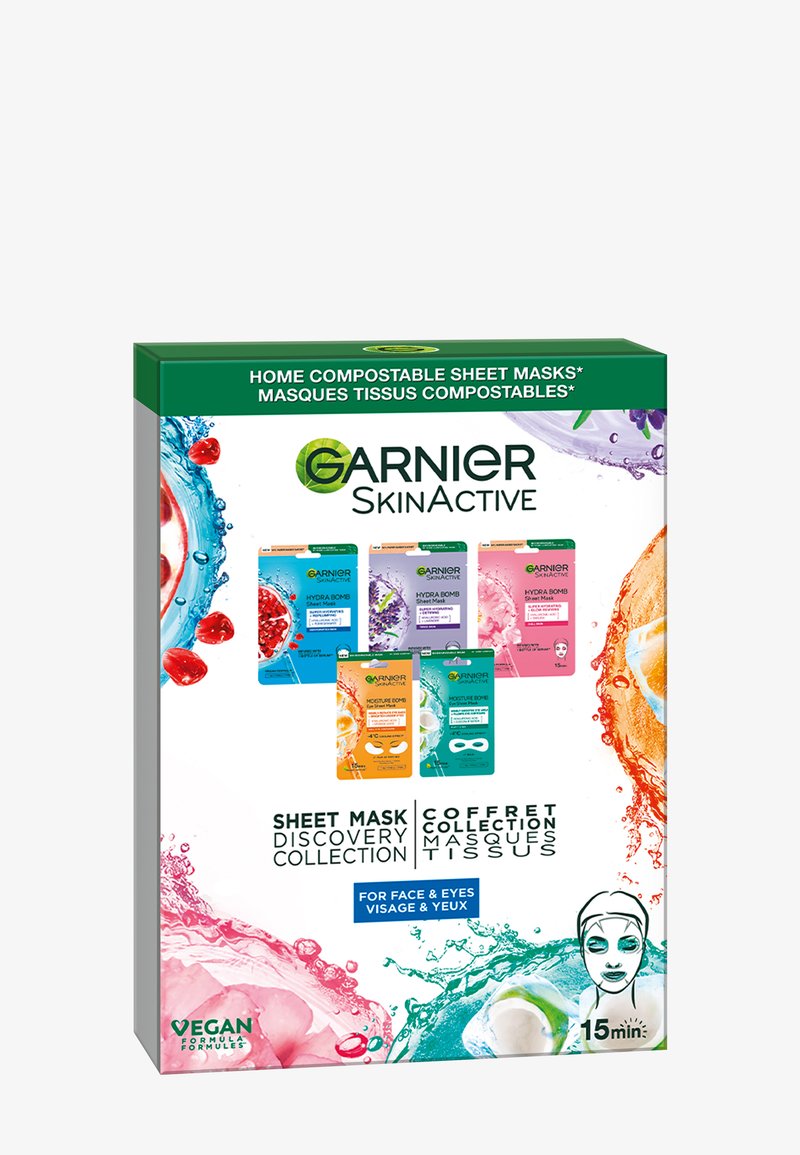 Collezione di maschere in tessuto Garnier SkinActive con cinque maschere colorate per viso e occhi, formula vegana, uso di 15 minuti.