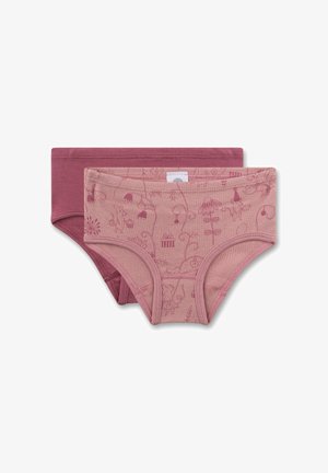 Twee paar ondergoed van een katoenmix in niet bijpassende roze tinten. De ene heeft een speels gedrukt patroon; de andere is effen.
