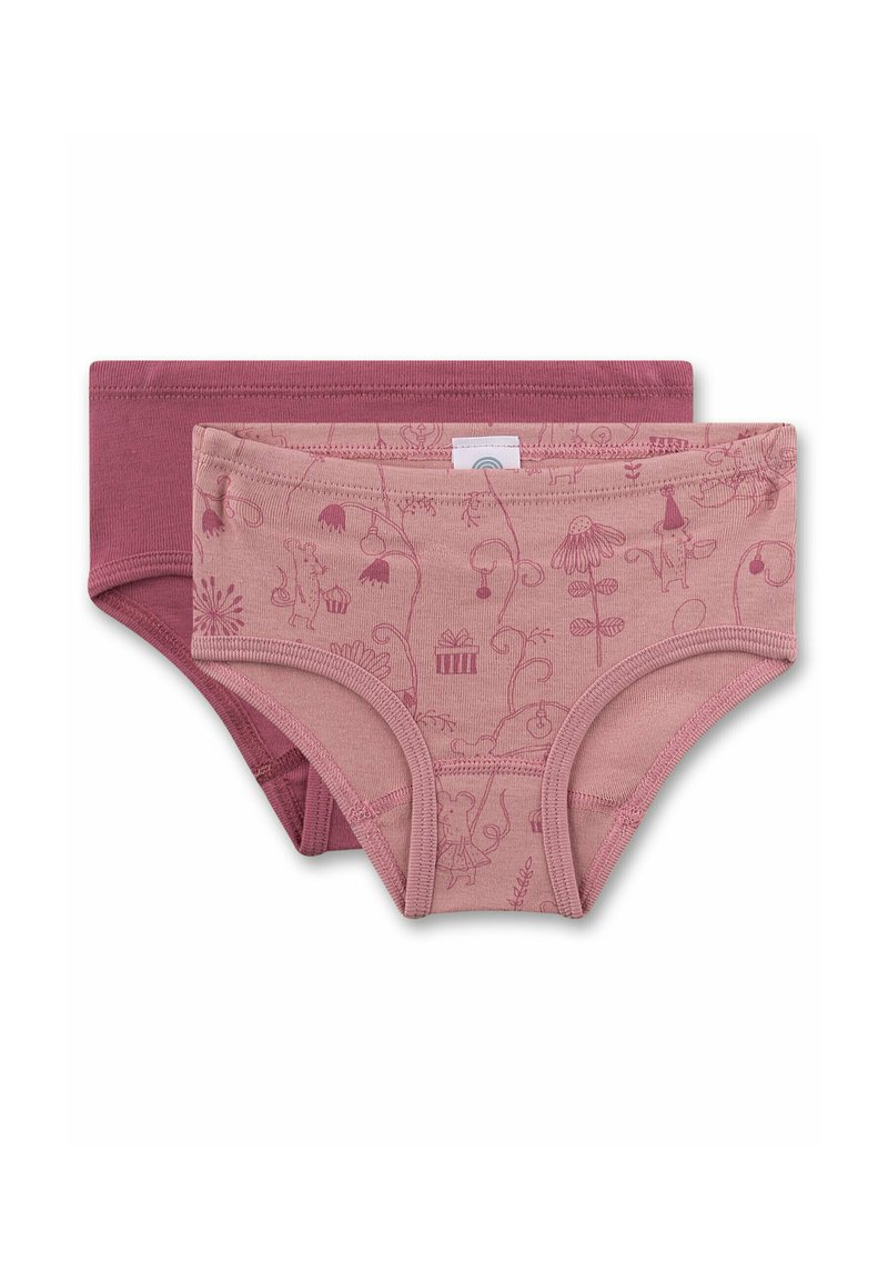 Due paia di mutande in misto cotone di tonalità rosa non abbinate. Una presenta un motivo stampato giocoso; l'altra è in tinta unita.