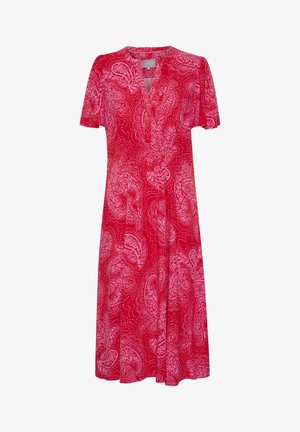 Rotes kurzes Kleid mit kurzen Ärmeln, das ein weißes Paisleymuster aufweist. Es hat einen V-Ausschnitt und eine ausgestellte Silhouette. Hergestellt aus leichtem Stoff.