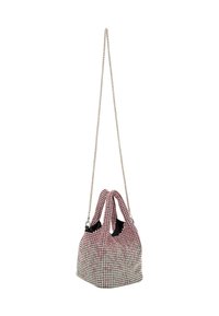 Axelväska i strukturerad tyg i rosa och svart, med små metallnitar, dubbla handtag på toppen och en kedjesnodd.