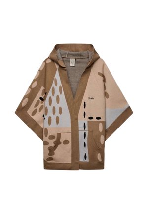 Poncho lavorato a maglia beige e marrone con cappuccio, motivi astratti punteggiati, tasche frontali e bordi a coste.