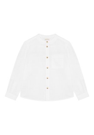 Camicia bianca a maniche lunghe con collo rotondo, tasca sul petto davanti e sette bottoni beige lungo il centro davanti.