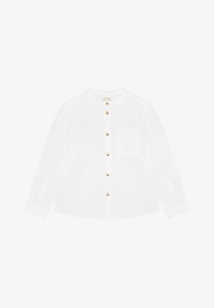 Chemise blanche à manches longues avec col rond, poche poitrine avant et sept boutons beige en plein centre avant.