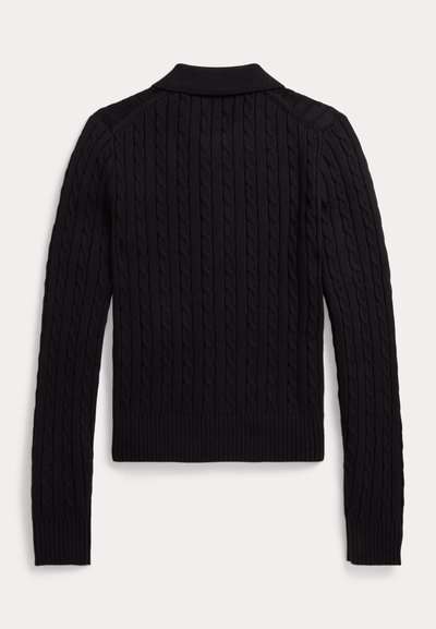 Μαύρο πλεκτό πουλόβερ με σχέδιο καλωδίου, με ριμπ γιακά, μανσέτες και τελείωμα. Μακριά μανίκια και εφαρμοστή σχεδίαση.