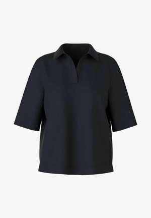 Blouse à manches courtes, de couleur marine, avec un col pointu, un décolleté en V et une coupe ample. Tissu lisse avec des détails de couture minimes.