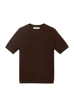 Brown knit short-sleeve t-shirt with a crew neck, featuring a smooth texture and simple design, no patterns or embellishments.