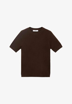 Brown knit short-sleeve t-shirt with a crew neck, featuring a smooth texture and simple design, no patterns or embellishments.
