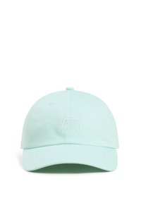 Cappellino verde menta con visiera curva, dotato di un logo "VANS" in bianco embossato sulla parte anteriore, realizzato in tessuto morbido.