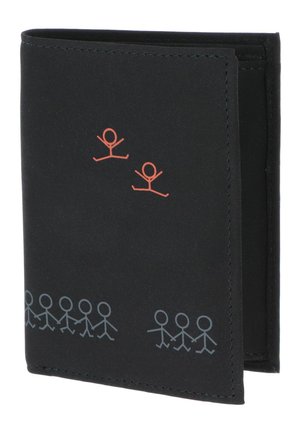 Black bifold wallet featuring two red stick figures jumping and a row of gray stick figures holding hands across the bottom.