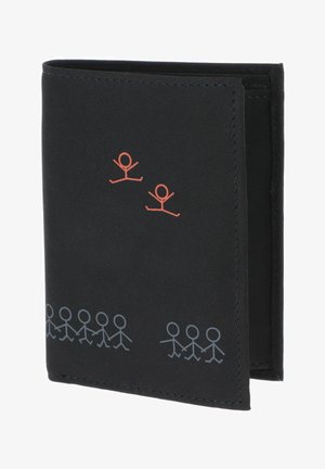 Portefeuille noir bifold présentant deux personnages rouges en bâton qui sautent et une rangée de personnages gris en bâton se tenant la main en bas.