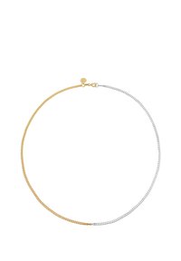 Collana a catena bicolore con anelli intrecciati in oro e argento. Metallo liscio con chiusura a un'estremità e un accento circolare vicino alla chiusura.
