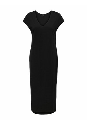Mustast värvist lühikeste varrukatega V-kaelusega midi pikkuses kleit, millel on sirge lõige ja kerge kõver hemmi juures, esitatud valgel taustal.