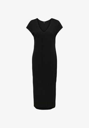 Mustast värvist lühikeste varrukatega V-kaelusega midi pikkuses kleit, millel on sirge lõige ja kerge kõver hemmi juures, esitatud valgel taustal.