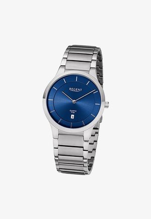 Montre-bracelet en métal argenté avec cadran bleu, index des heures minimalistes, trois aiguilles, affichage de la date à 6 heures et logo "Regent" à 12 heures.