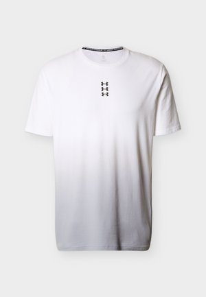 White short-sleeve T-shirt with three black Under Armour logos vertically centered below the collar on the front.