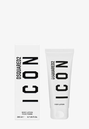 Lotion pour le corps ICON DSQUARED2 pour femmes en tube blanc de 200 ml avec boîte assortie, texte vertical noir gras sur les deux.