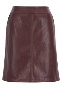 Burgundyröd läder A-linje kjol med en slät yta, midjeband och minimala sömnadsdetaljer för ett modernt utseende.