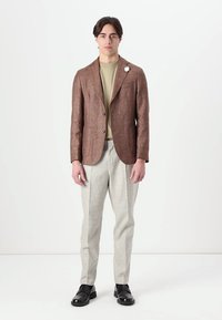 Hnedý struktúrovaný blejzer s klopami a dvoma gombíkmi, skombinovaný s svetlozelenou košeľou a svetlošedými nohavicami. Čierne topánky dopĺňajú outfit.