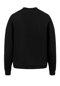 Black sweatshirt with long sleeves, round neck, ribbed cuffs and hem, made from soft material, featuring a relaxed fit and no visible embellishments.