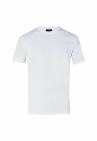 T-shirt bianco in cotone con maniche corte, scollo rotondo, texture morbida e un piccolo logo sul petto. Design semplice e classico.