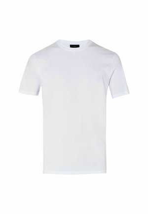 Camiseta blanca de algodón con mangas cortas, cuello redondo, textura suave y un pequeño logo en el pecho. Diseño simple y clásico.